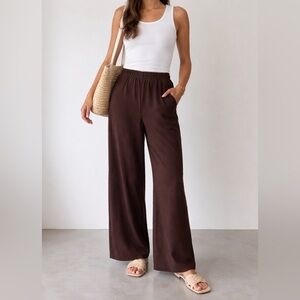 Zara Brown Wide Leg Pants Elastic Waist Pockets Pull On Size Small